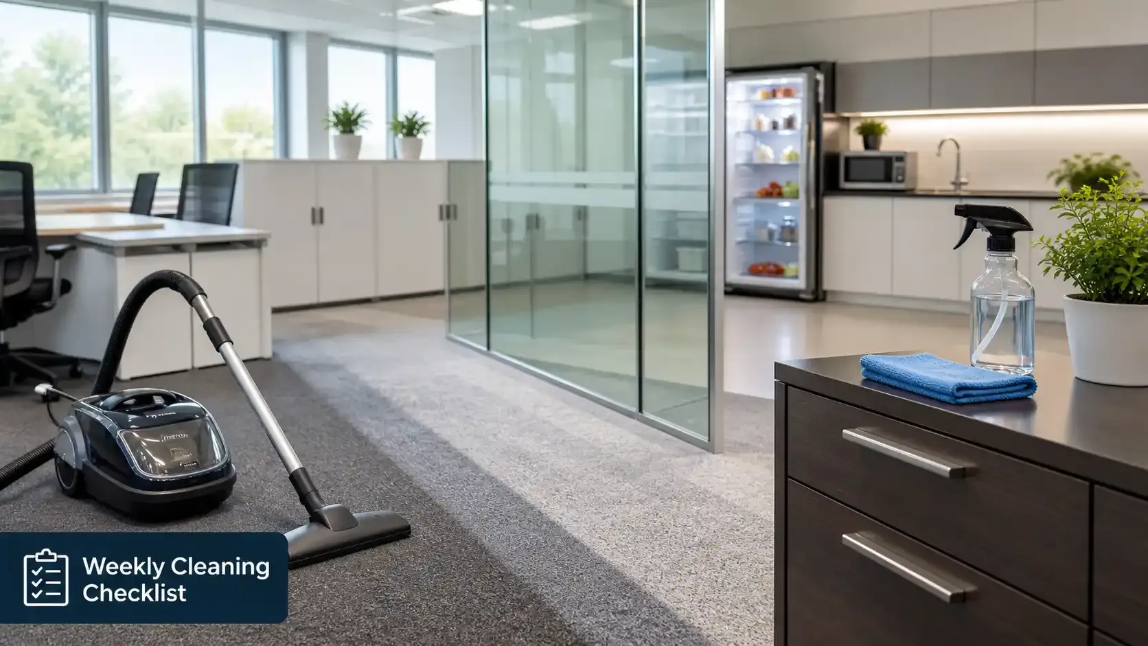 Vacuum and cleaning supplies in a modern office weekly cleaning scene